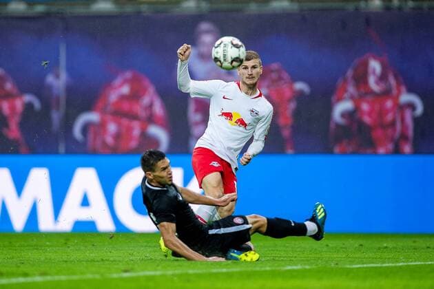 Attacker Timo Werner 11 of RB Leipzig on the ball with defender Oleksandr Tymchyk 18 of FC Zorya Luhansk during the encounter in the UEFA Europa League RB Leipzig vs. Zorya Luhansk in the Red Bull Arena on 30 August 2018 in Leipzig Saxony Germany FB EL RB Leipzig FC Zorya Luhansk Copyright: xEIBNER HartmutxBoesenerx EP_HBR