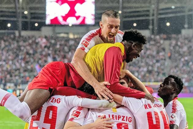 RB Leipzig rejoicing after 3 2 during the UEFA Europa League match RB Leipzig vs. FC Zorya Luhansk at the Red Bull Arena on 30 August 2018 in Leipzig Saxony Germany FB EL RB Leipzig FC Zorya Luhansk Copyright: xEIBNER HartmutxBoesenerx EP_HBR