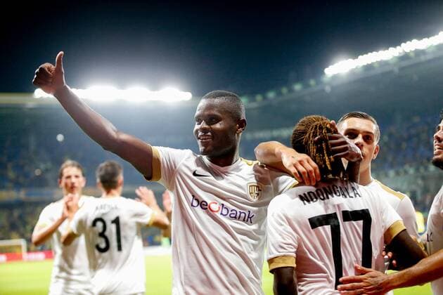 Genk s Aly Mbwana Samatta and Genk s Dieumerci Ndongala celebrate during a soccer game between Danish club Brondby IF and Belgian team KRC Genk, Thursday 30 August 2018 in Copenhagen, Denmark, the return game of the play-off for the UEFA Europa League competition. The first leg ended in a 5-2 Genk victory. BRUNOxFAHY  x05416700x