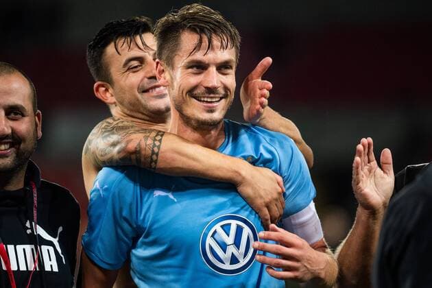 180830 Markus Rosenberg of Malmö FF celebrates after the Europe League qualifying match between Midtjylland and Malmö FF on August 30, 2018 in Herning Photo Ludvig Thunman BILDBYR N code LT 35529  Copyright: LUDVIGxTHUNMAN BB180830LT091