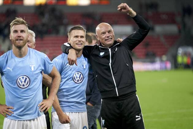 Arnor Ingvi Traustason and Uwe Rösler Coach MalmoÌˆ FF wins 2-0 and celebrate FC Midtjylland - Malmö FF UEFA Europa League 2018 219 playoffs. at MCH ArenaThursday, 30 August 2018 Danmark 