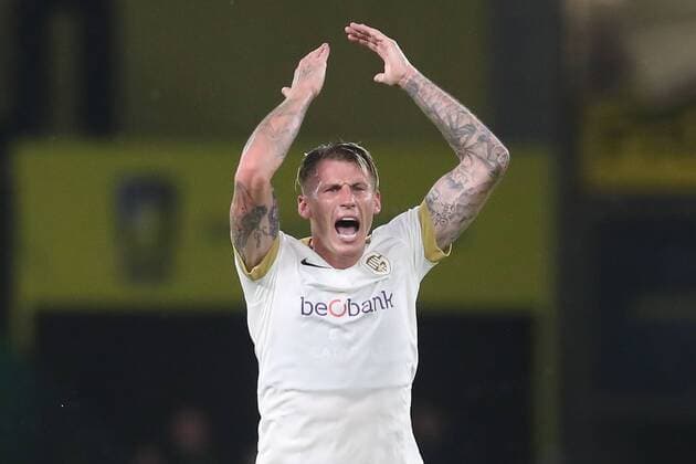 Genk s Sebastien Dewaest celebrates after scoring during a soccer game between Danish club Brondby IF and Belgian team KRC Genk, Thursday 30 August 2018 in Copenhagen, Denmark, the return game of the play-off for the UEFA Europa League competition. The first leg ended in a 5-2 Genk victory. BRUNOxFAHY  x05416763x