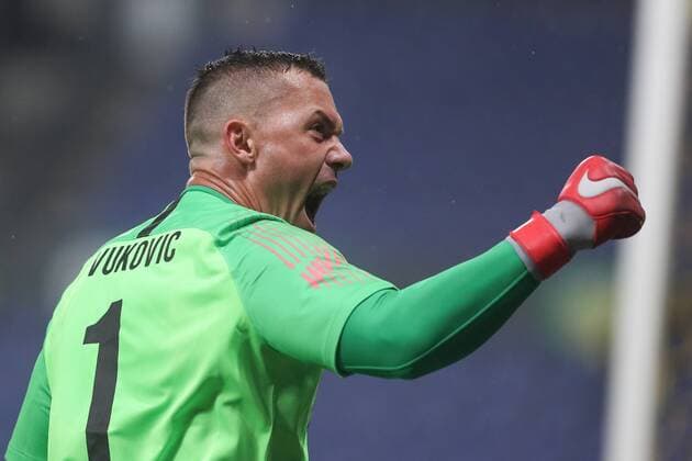 Genk s goalkeeper Danny Vukovic celebrates during a soccer game between Danish club Brondby IF and Belgian team KRC Genk, Thursday 30 August 2018 in Copenhagen, Denmark, the return game of the play-off for the UEFA Europa League competition. The first leg ended in a 5-2 Genk victory. BRUNOxFAHY  x05416802x