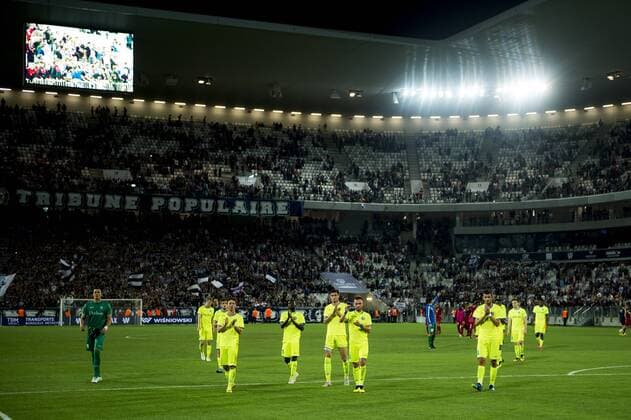 Gent s players look dejected after losing a soccer game between French team FC Girondins de Bordeaux and Belgian club KAA Gent, Thursday 30 August 2018 in Bordeaux, France, the return game of the play-off for the UEFA Europa League competition. The first leg ended in a 0-0 draw. JASPERxJACOBS  x05416869x