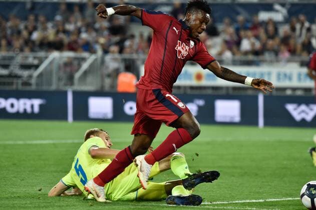 Faute sur Samuel Kalu (gir) penalty reussi et joie de Jimmy Briand (gir) FOOTBALL : Bordeaux vs KAA Gent- 4eme Tour Ligue Europa - Bordeaux - 30 08 2018 ThierryBreton Panoramic 