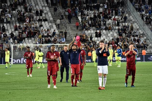 Joie fin de Match joueurs girondins FOOTBALL : Bordeaux vs KAA Gent- 4eme Tour Ligue Europa - Bordeaux - 30 08 2018 ThierryBreton Panoramic 