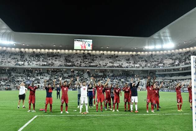 Joie fin de Match joueurs girondins FOOTBALL : Bordeaux vs KAA Gent- 4eme Tour Ligue Europa - Bordeaux - 30 08 2018 ThierryBreton Panoramic 