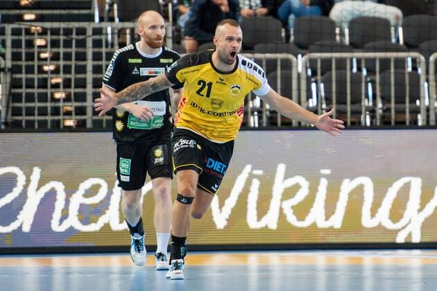 Torjubel at Florian Billek No. 21 HSC Coburg HC Rhein Vikings vs HSC 2000 Coburg Handball 2 Bundesliga 31 08 18 Dusseldorf NRW Germany Castello Copyright: xdnet_nszx