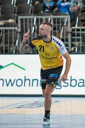 Jubilation with Florian Billek No. 21 HSC Coburg HC Rhine Vikings vs HSC 2000 Coburg Handball 2 Bundesliga 31 08 18 Dusseldorf NRW Germany Castello Copyright: xdnet_nszx