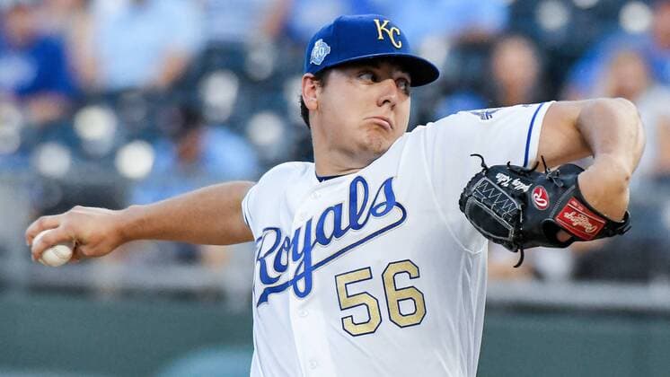 August 31, 2018 - Kansas City, MO, USA - Kansas City Royals pitcher Brad Keller throws in the first inning against the Baltimore Orioles at Kauffman Stadium in Kansas City, Mo., on Friday, Aug. 31, 2018. Baltimore at Kansas City - ZUMAm67_ 20180831_zaf_m67_015 Copyright: xJohnxSleezerx