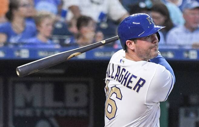 August 31, 2018 - Kansas City, MO, USA - The Kansas City Royals Cam Gallagher follows through on a single in the second inning against the Baltimore Orioles at Kauffman Stadium in Kansas City, Mo., on Friday, Aug. 31, 2018. Baltimore at Kansas City - ZUMAm67_ 20180831_zaf_m67_020 Copyright: xJohnxSleezerx