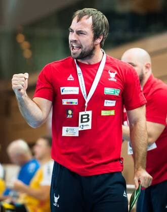Great pleasure with Ceven Klatt Coach Rhein Vikings HC Rhein Vikings vs HSC 2000 Coburg Handball 2 Bundesliga 31 08 18 Düsseldorf NRW Germany Castello Copyright: xdnet_nszx