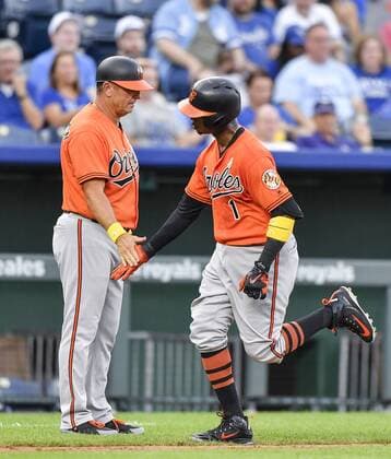 September 1, 2018 - Kansas City, MO, USA - The Baltimore Orioles Tim Beckham, right, is congratulated after hitting a solo home run in the fourth inning against the Kansas City Royals on Saturday, Sept. 1, 2018, at Kauffman Stadium in Kansas City, Mo. Baltimore at Kansas City - ZUMAm67_ 20180901_zaf_m67_056 Copyright: xJohnxSleezerx