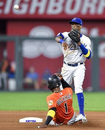 September 1, 2018 - Kansas City, MO, USA - Kansas City Royals second baseman Rosell Herrera turns a sixth-inning double play over the Baltimore Orioles Tim Beckham on Saturday, Sept. 1, 2018, at Kauffman Stadium in Kansas City, Mo. Baltimore at Kansas City - ZUMAm67_ 20180901_zaf_m67_064 Copyright: xJohnxSleezerx