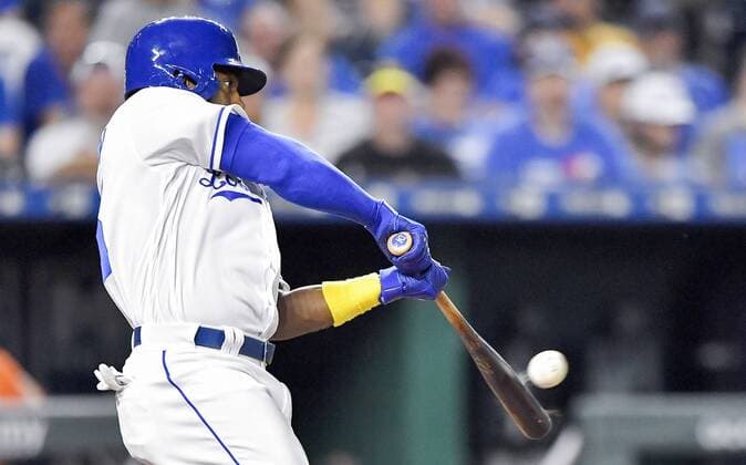 September 1, 2018 - Kansas City, MO, USA - The Kansas City Royals Brian Goodwin connects on an RBI double in the sixth inning against the Baltimore Orioles on Saturday, Sept. 1, 2018, at Kauffman Stadium in Kansas City, Mo. Baltimore at Kansas City - ZUMAm67_ 20180901_zaf_m67_067 Copyright: xJohnxSleezerx