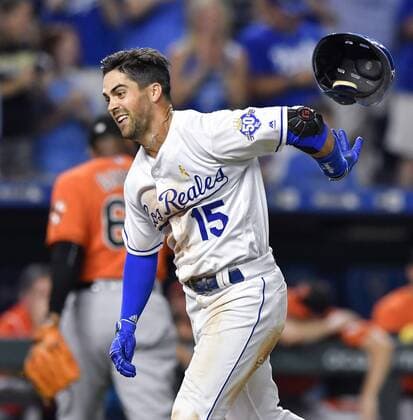September 1, 2018 - Kansas City, MO, USA - The Kansas City Royals Whit Merrifield celebrates his walk-off home run as Baltimore Orioles relief pitcher Mychal Givens walks off the field in the ninth inning on Saturday, Sept. 1, 2018, at Kauffman Stadium in Kansas City, Mo. Merrifield s blast lifted the Royals to a 5-4 win. Baltimore at Kansas City - ZUMAm67_ 20180901_zaf_m67_100 Copyright: xJohnxSleezerx