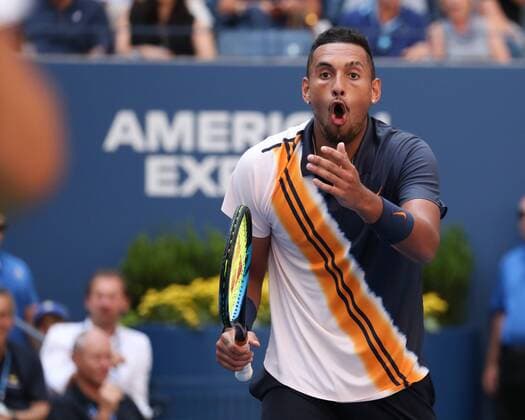 Nick Kyrgios reacts with surprise to a fake by Roger Federer Surprise Mimic Copyright: xJuergenxHasenkopfx