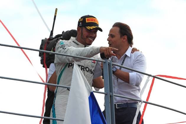 2nd September 2018, Autodromo Nazionale Monza, Monza, Italy, Formula One Grand Prix of Italy, race day; Podium of Mercedes AMG Petronas Motorsport, Lewis Hamilton wins the race and chats with Felipe Massa  ActionPlus12060228 Octane