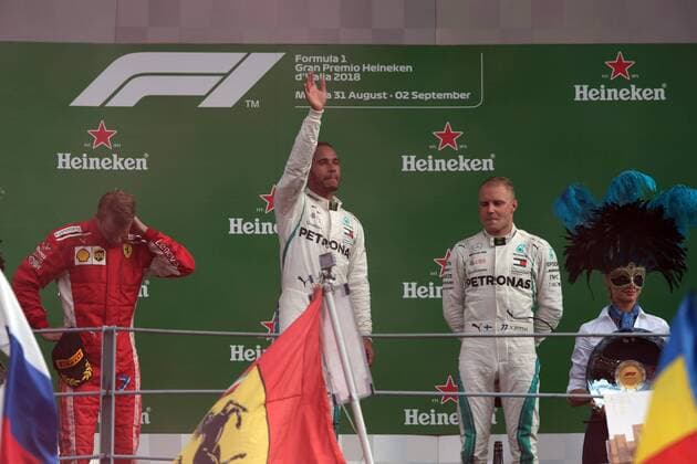 Photo4 LaPresse 02 09 2018 Monza, Italy Grand Prix Formula One Italia 2018 In the pic: podium 1st position Lewis Hamilton (GBR) Mercedes AMG F1 W09 2nd position Kimi Raikkonen (FIN) Scuderia Ferrari SF71H 3rd position Valtteri Bottas (FIN) Mercedes AMG F1 W09  Copyright: xPhoto4 LaPressex