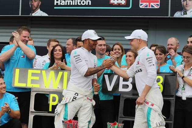 Photo4 LaPresse 02 09 2018 Monza, Italy Grand Prix Formula One Italia 2018 In the pic: Mercedes celebtation , Lewis Hamilton (GBR) Mercedes AMG F1 W09 win the race and Valtteri Bottas (FIN) Mercedes AMG F1 W09 3rd position  Copyright: xPhoto4 LaPressex