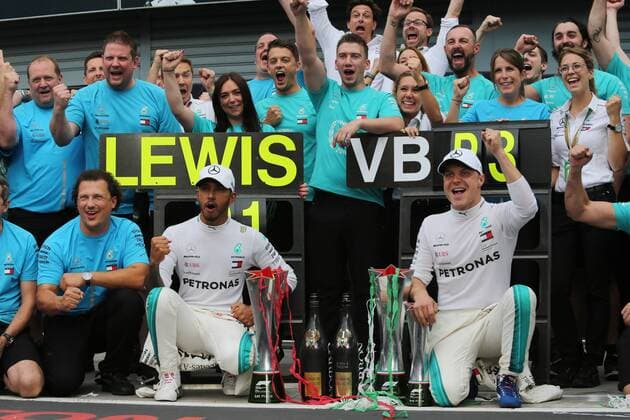 Photo4 LaPresse 02 09 2018 Monza, Italy Grand Prix Formula One Italia 2018 In the pic: Mercedes celebtation , Lewis Hamilton (GBR) Mercedes AMG F1 W09 win the race and Valtteri Bottas (FIN) Mercedes AMG F1 W09 3rd position  Copyright: xPhoto4 LaPressex