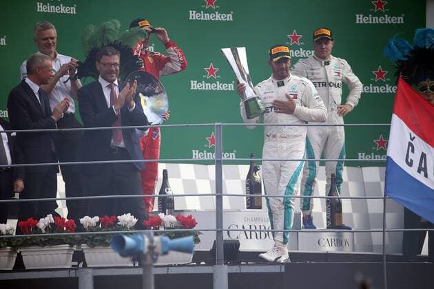 Photo4 LaPresse 02 09 2018 Monza, Italy Grand Prix Formula One Italia 2018 In the pic: podium 1st position Lewis Hamilton (GBR) Mercedes AMG F1 W09 2nd position Kimi Raikkonen (FIN) Scuderia Ferrari SF71H 3rd position Valtteri Bottas (FIN) Mercedes AMG F1 W09  Copyright: xPhoto4 LaPressex
