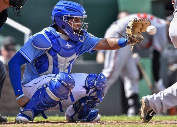 September 2, 2018 - Kansas City, MO, USA - Kansas City Royals catcher Meibrys Viloria catches in the fifth inning during his major league debut against the Baltimore Orioles on Sunday, Sept. 2, 2018 at Kauffman Stadium in Kansas City, Mo. Baltimore Orioles vs. Kansas City Royals - ZUMAm67_ 20180902_zaf_m67_003 Copyright: xJohnxSleezerx