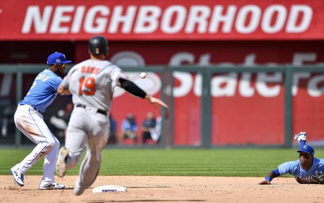 September 2, 2018 - Kansas City, MO, USA - Kansas City Royals second baseman Rosell Herrera makes the stop on a ground ball and flips it to shortstop Alcides Escobar for the force out on Baltimore Orioles Chris Davis in the seventh inning on Sunday, Sept. 2, 2018 at Kauffman Stadium in Kansas City, Mo. Baltimore Orioles vs. Kansas City Royals - ZUMAm67_ 20180902_zaf_m67_004 Copyright: xJohnxSleezerx