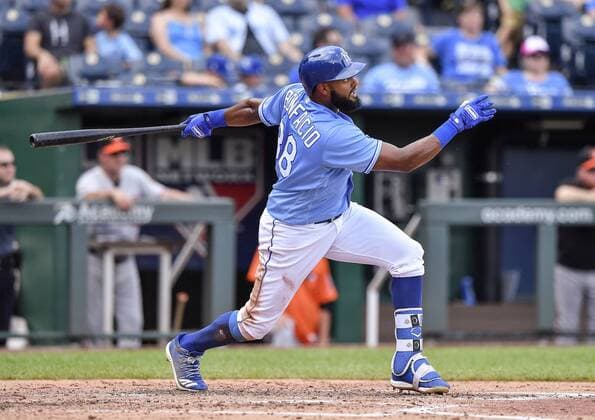 September 2, 2018 - Kansas City, MO, USA - Kansas City Royals Jorge Bonifacio follows through on an RBI double to score Alex Gordon in the third inning against the Baltimore Orioles on Sunday, Sept. 2, 2018 at Kauffman Stadium in Kansas City, Mo. Baltimore Orioles vs. Kansas City Royals - ZUMAm67_ 20180902_zaf_m67_020 Copyright: xJohnxSleezerx