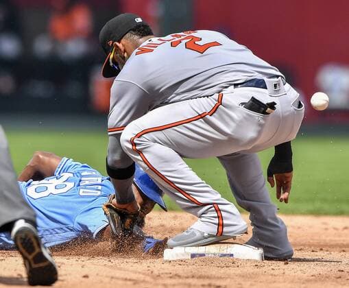 September 2, 2018 - Kansas City, MO, USA - The throw to Baltimore Orioles second baseman Jonathan Villar skips past him on a throwing error by starting pitcher David Hess as Kansas City Royals Jorge Bonifacio dives back to second and then advances home on another throwing error by second baseman Jonathan Villar in the third inning on Sunday, Sept. 2, 2018 at Kauffman Stadium in Kansas City, Mo. Baltimore Orioles vs. Kansas City Royals - ZUMAm67_ 20180902_zaf_m67_012 Copyright: xJohnxSleezerx