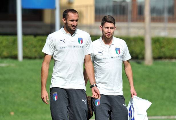 Fußball, Nationalteam Italien Training Photo LaPresse - Jennifer Lorenzini 03 September 2018 Firenze (Italy) Soccer Italy Italian Football meeting - "Coverciano" - training In the pic: Giorgio Chiellini, Jorginho  Copyright: xJenniferxLorenzini LaPressex