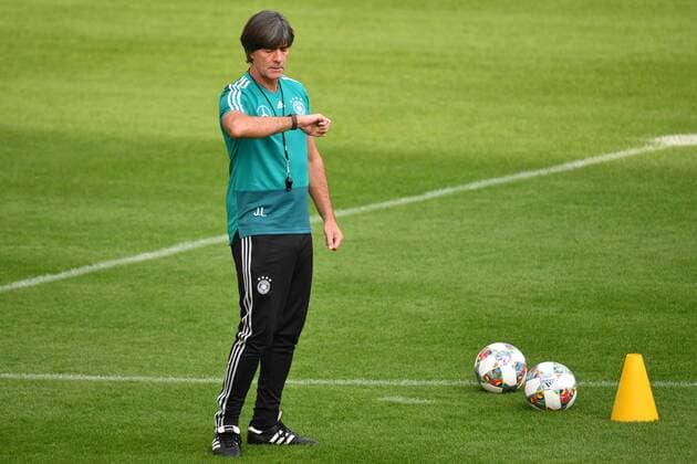 National coach Joachim Jogi LOEW LÖW GER looks at the clock Single image Cut out Full body shot Full figure Football Training of the German national football team at 04 09 2018 in Munich FC Bayern Campus