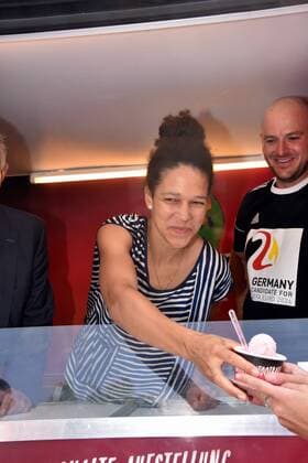 Footballer Celia Sasic distributes ice cream on 04.09.208 in Cologne to the Cologne ambassadors of the possible European Football Championship 2024 in Germany under the slogan 2024 balls EiscrEM ice cream as anticipation of Cologne as the venue