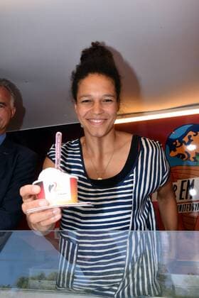 Footballer Celia Sasic distributes ice cream on 04.09.208 in Cologne to the Cologne ambassadors of the possible European Football Championship 2024 in Germany under the slogan 2024 balls EiscrEM ice cream as anticipation of Cologne as the venue