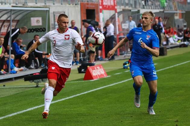 Fußball, U21 EM Quali, Polen Färöer 07.09.2018, Lubin, Pilka nozna. Eliminacje Mistrzostw Europy u-21 Polska - Wyspy Owcze , European football , European Under-21 Championship 2019 Qualifying round , Poland - Faroe Islands , N Z Kamil Dankowski (POL) Joannes Danielsen (Faroe) , FOT. Adam Jastrzebowski newspix.pl FRANCE OUT !!!! FRA OUT !!! --- Newspix.pl  20180907_awj_1589