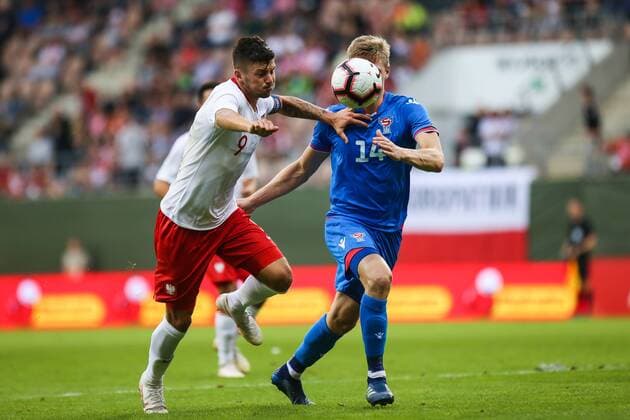 Fußball, U21 EM Quali, Polen Färöer 07.09.2018, Lubin, Pilka nozna. Eliminacje Mistrzostw Europy u-21 Polska - Wyspy Owcze , European football , European Under-21 Championship 2019 Qualifying round , Poland - Faroe Islands , N Z Dawid kownacki (POL), Bjarni Petersen (Faroe) , FOT. Adam Jastrzebowski newspix.pl FRANCE OUT !!!! FRA OUT !!! --- Newspix.pl  20180907_awj_1655