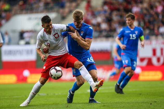 Fußball, U21 EM Quali, Polen Färöer 07.09.2018, Lubin, Pilka nozna. Eliminacje Mistrzostw Europy u-21 Polska - Wyspy Owcze , European football , European Under-21 Championship 2019 Qualifying round , Poland - Faroe Islands , N Z Dawid kownacki (POL), Bjarni Petersen (Faroe) , FOT. Adam Jastrzebowski newspix.pl FRANCE OUT !!!! FRA OUT !!! --- Newspix.pl  20180907_awj_1656