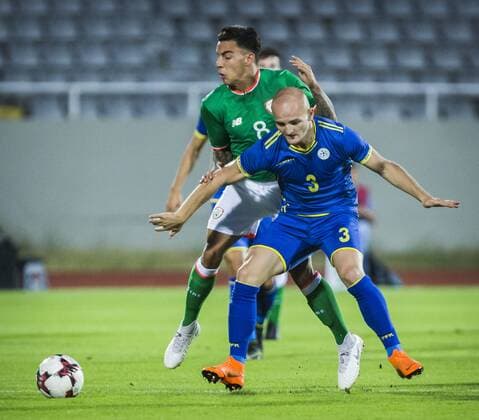 7th September, Olympic Stadium Adem Jashari, Mitrovice, Kosovo; UEFA Under 21 European Championship EM Europameisterschaft qualifier, Kosovo U21 U 21 versus Republic of Ireland U21; Arian Kabashi of Kosovo shields the ball against Reece Grego-Cox of Republic of Ireland  ActionPlus12060706 NikolaxKrstic