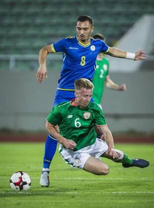 7th September, Olympic Stadium Adem Jashari, Mitrovice, Kosovo; UEFA Under 21 European Championship EM Europameisterschaft qualifier, Kosovo U21 U 21 versus Republic of Ireland U21; Henry Charsley of Republic of Ireland goes down after the tackle from Florent Hasani of Kosovo  ActionPlus12060717 NikolaxKrstic