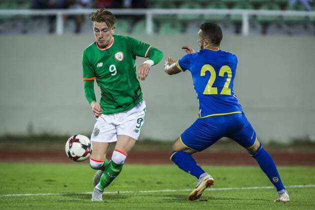 7th September, Olympic Stadium Adem Jashari, Mitrovice, Kosovo; UEFA Under 21 European Championship EM Europameisterschaft qualifier, Kosovo U21 U 21 versus Republic of Ireland U21; Lirim Mema of Kosovo tries to block the cross from Ronan Curtis of Republic of Ireland  ActionPlus12060719 NikolaxKrstic