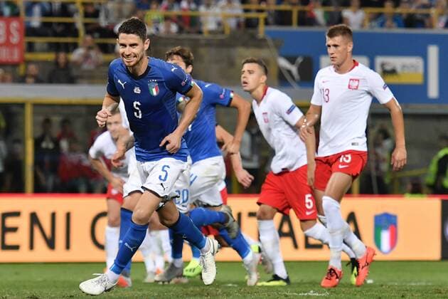 Fußball, Nations League, Italien - Polen Esultanza dopo il Gol su rigore di Jorginho Italy. Goal celebrations. Bologna 07-09-2018 Football Calcio Uefa Nations League Italia - Polonia Italy - Poland Foto Andrea Staccioli Insidefoto andreaxstaccioli