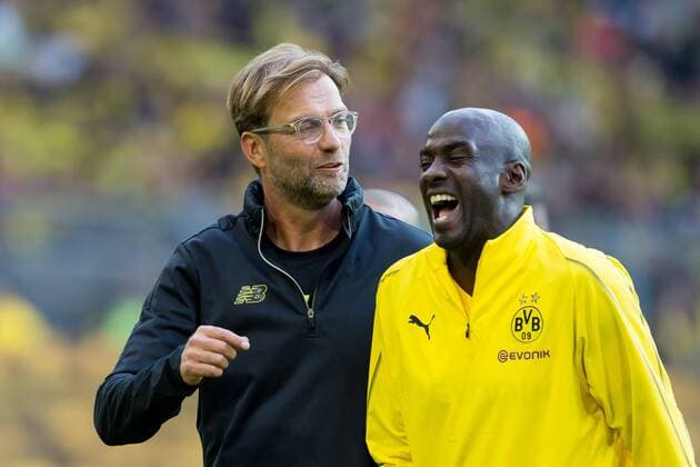 Dortmund Germany 07 09 2018 Farewell match Roman Weidenfeller Coach Juergen Klopp BVB Allstars and Otto Addo BVB Allstars laugh with laughter DeFodi053