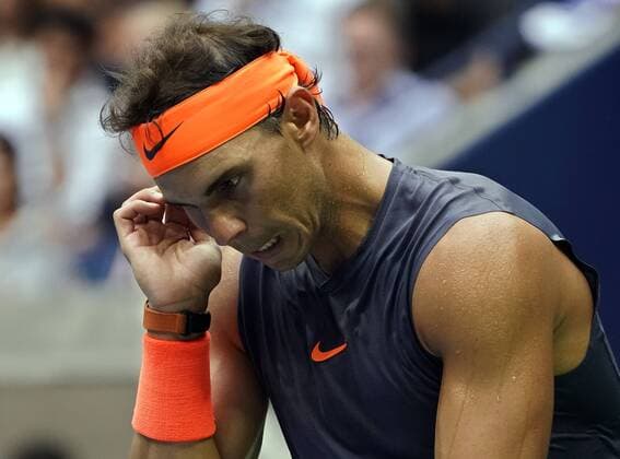 Rafael Nadal of Spain reacts during the second set as he plays Juan Martin Del Potro of Argentina in their semi-final match in Arthur Ashe Stadium at the 2018 US Open Tennis Championships at the USTA Billie Jean King National Tennis Center in New York City on September 7, 2018.  NYP20180907422 RAYxSTUBBLEBINE