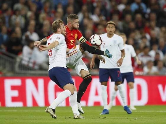 Harry Kane of England tackles Sergio Ramos of Spain during the UEFA Nations League - League A - Group 4 match at Wembley Stadium, London. Picture date 8th September 2018. Picture credit should read: David Klein Sportimage EDITORIAL USE ONLY. No use with unauthorised audio, video, data, fixture lists, club league logos or live services. Online in-match use limited to 120 images, no video emulation. No use in betting, games or single club league player publications.
