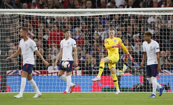 Annoyed Jordan Pickford of England kicks the ball away after the Spain equalising goal during the UEFA Nations League - League A - Group 4 match at Wembley Stadium, London. Picture date 8th September 2018. Picture credit should read: David Klein Sportimage EDITORIAL USE ONLY. No use with unauthorised audio, video, data, fixture lists, club league logos or live services. Online in-match use limited to 120 images, no video emulation. No use in betting, games or single club league player publications.