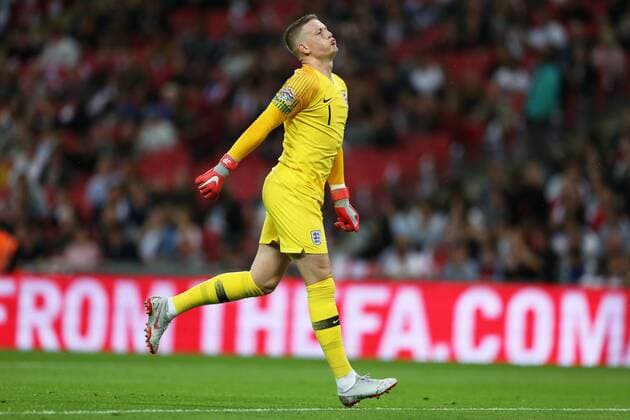 8th September 2018, Wembley Stadium, London, England; UEFA Nations League football, England versus Spain; Goalkeeper Jordan Pickford of England reacts disappointedly after Saul of Spain scores his sides 1st goal in the 13th minute to make it 1-1  ActionPlus12061058 JohnxPatrickxFletcher