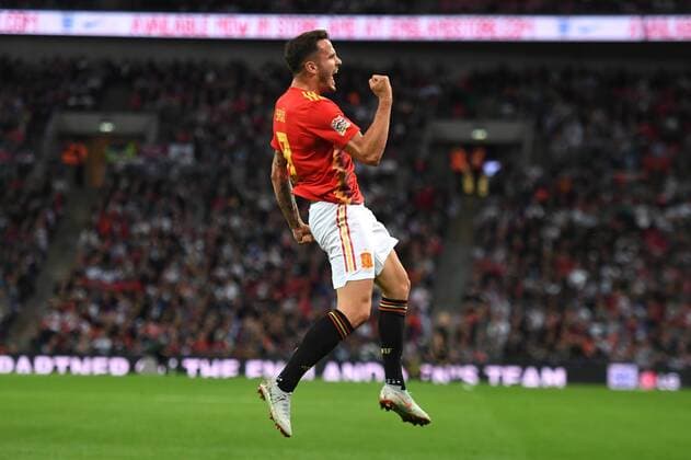 Saul Niguez of Spain celebrates scoring Spains first goal during the UEFA Nations League international match L?nderspiel between England and Spain at Wembley Stadium, London, England on 8 September 2018. Copyright: xClivexHowesx PMI-2214-0011