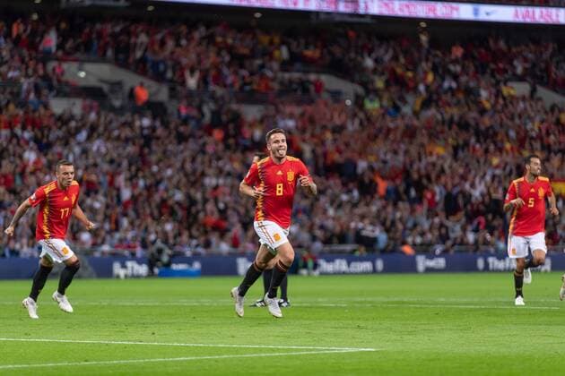 Football - 2018 2019 UEFA Nations League A - Group Four: England vs. Spain Saul Niguez (Spain) runs off after scoring the equaliser for Spain at Wembley Stadium. COLORSPORT DANIEL BEARHAM  csp_eng_spa_080918_