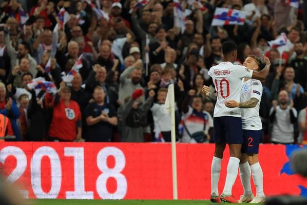 8th September 2018, Wembley Stadium, London, England; UEFA Nations League football, England versus Spain; Marcus Rashford of England celebrates with Kieran Trippier as he scores making it 1-0  ActionPlus12061060 ShaunxBrooks