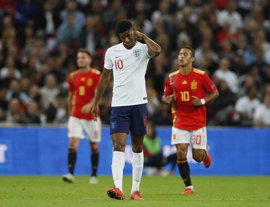 Marcus Rashford of England frustrated as Spain celebrate their second goal during the UEFA Nations League - League A - Group 4 match at Wembley Stadium, London. Picture date 8th September 2018. Picture credit should read: David Klein Sportimage EDITORIAL USE ONLY. No use with unauthorised audio, video, data, fixture lists, club league logos or live services. Online in-match use limited to 120 images, no video emulation. No use in betting, games or single club league player publications.